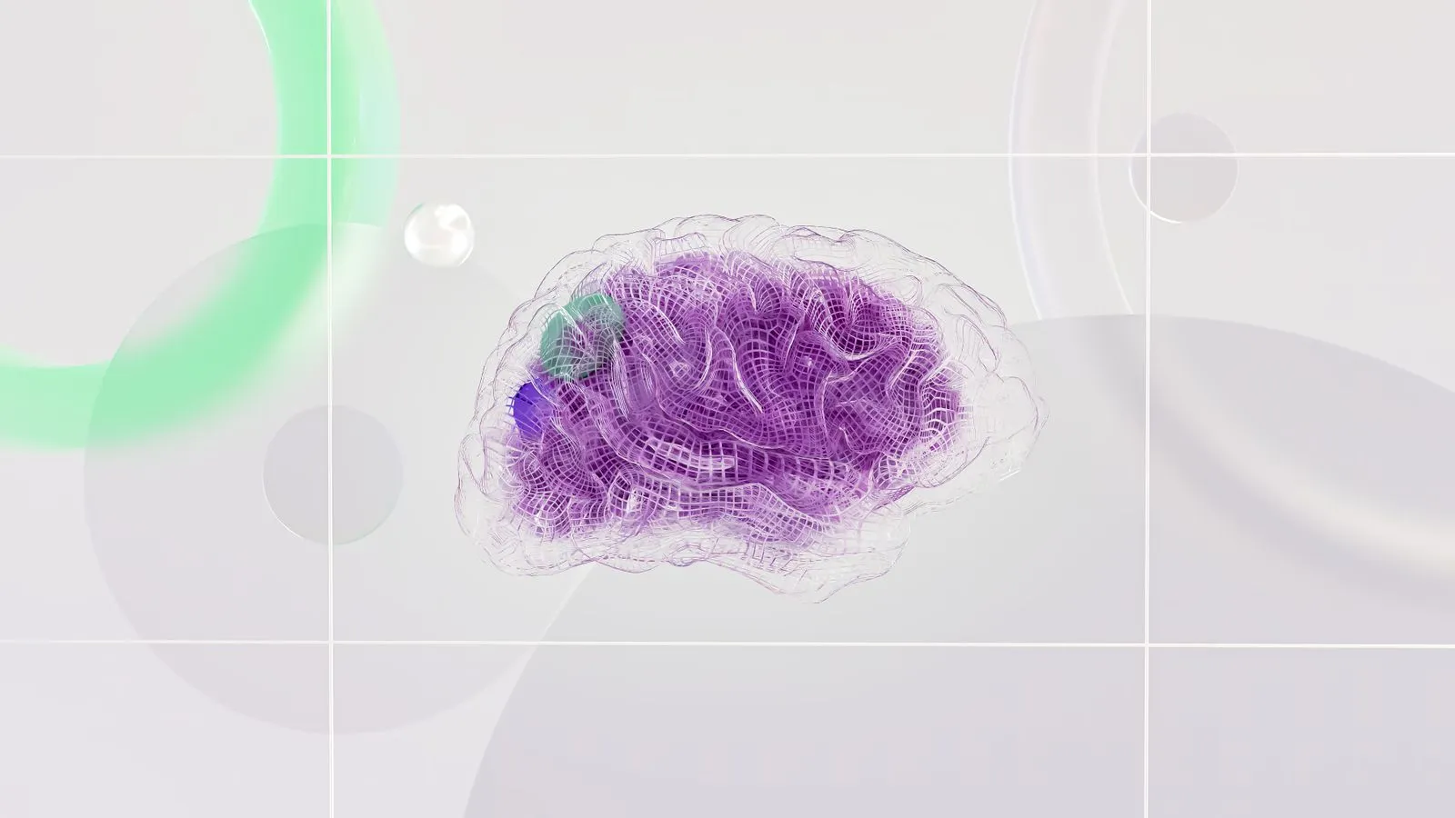 3D wireframe illustration of a purple brain floating above translucent pastel circles and rings