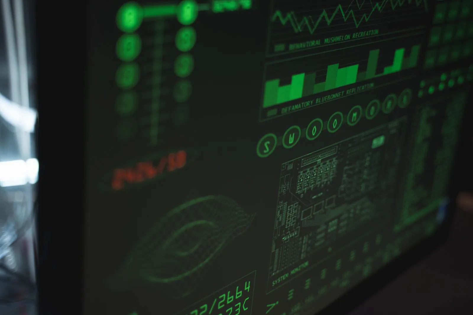 Close-up of a green sci-fi style monitoring dashboard with circuit diagrams and charts