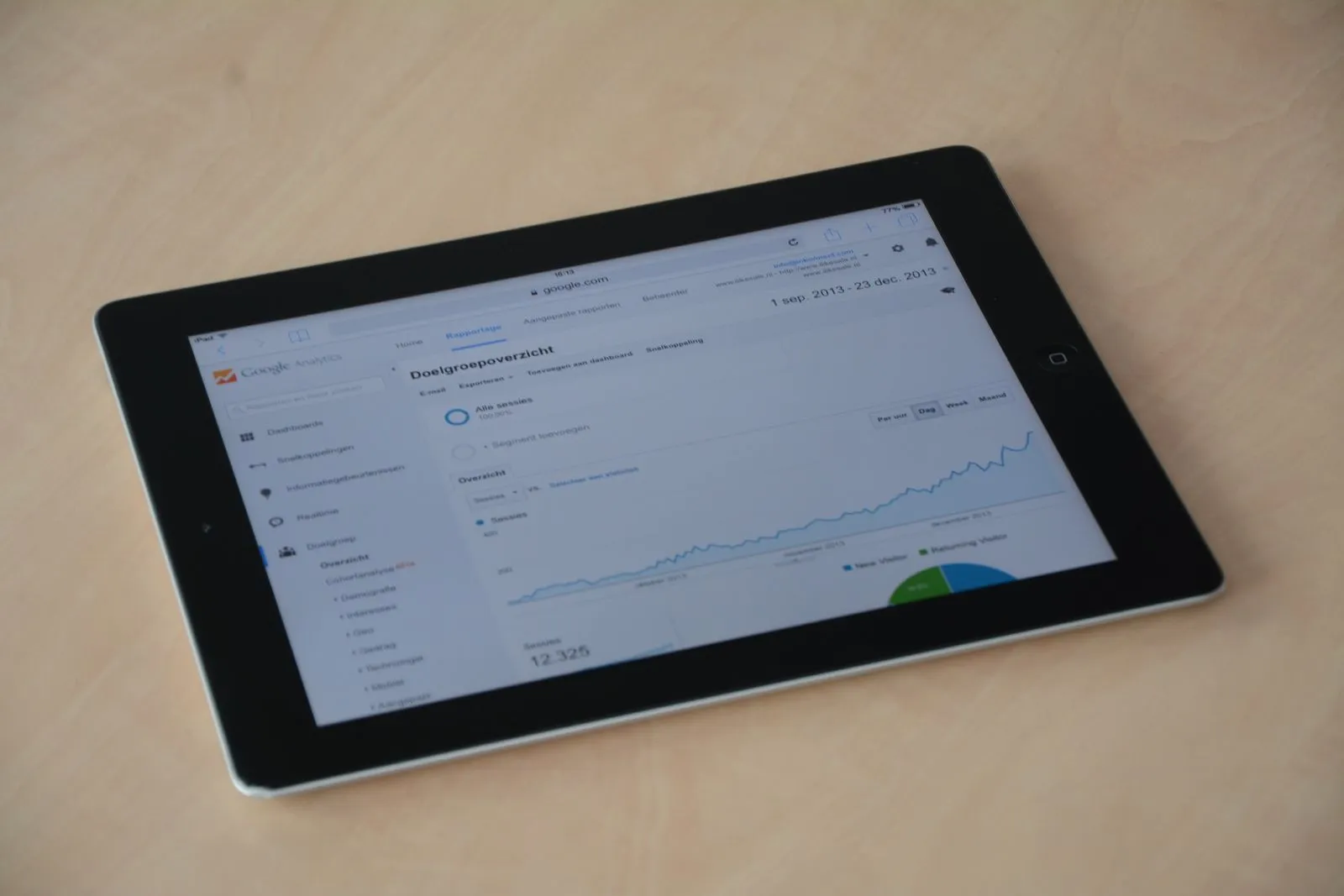 Tablet on a table showing a Google Analytics dashboard with a rising traffic line chart