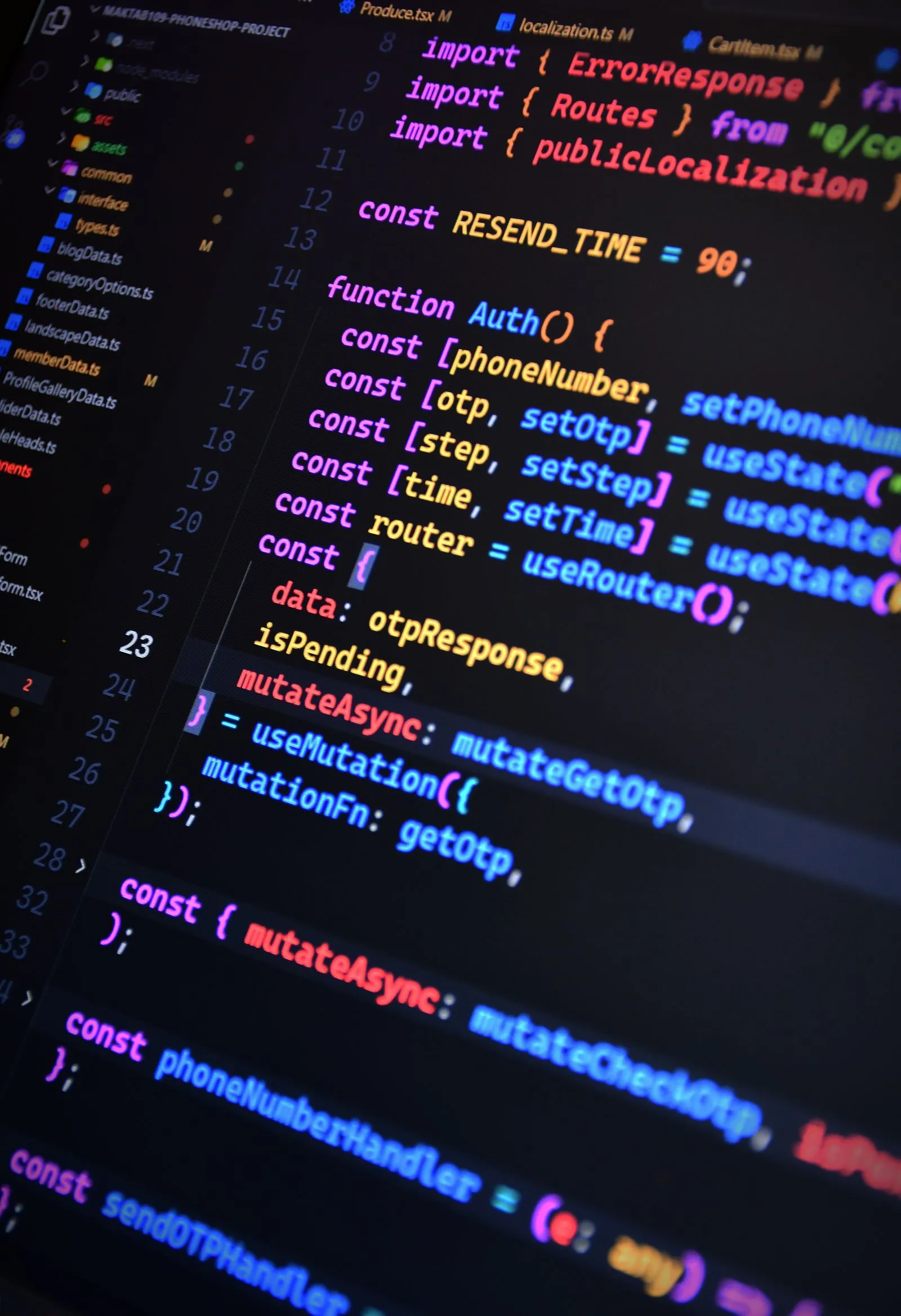 Code editor showing a React TypeScript component with useState and useMutation hooks