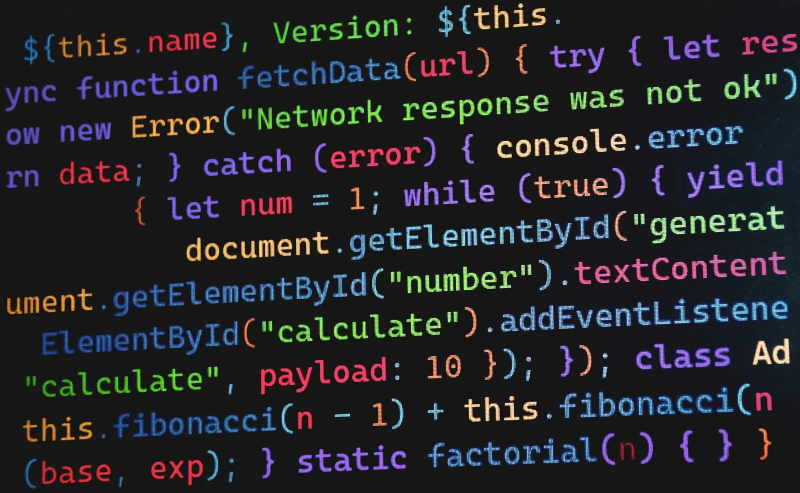 Close-up of colorful JavaScript code defining fetchData and fibonacci functions