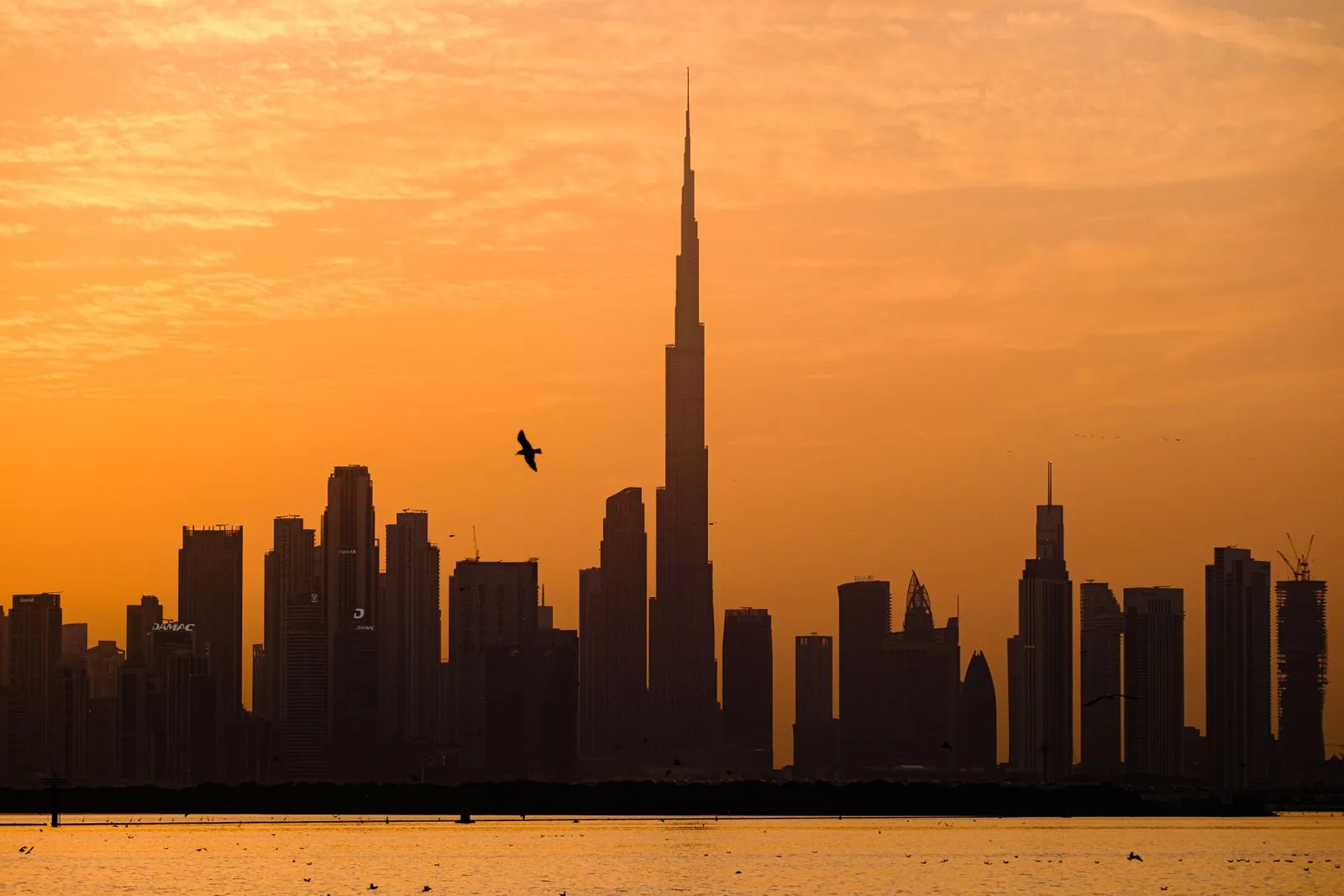 Dubai skyline with the Burj Khalifa at golden hour